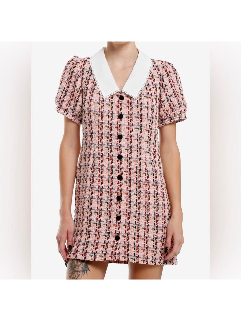 New Pretty Damage Pink Tweed Collared Mini Dress Size; Large Preppy Coquette